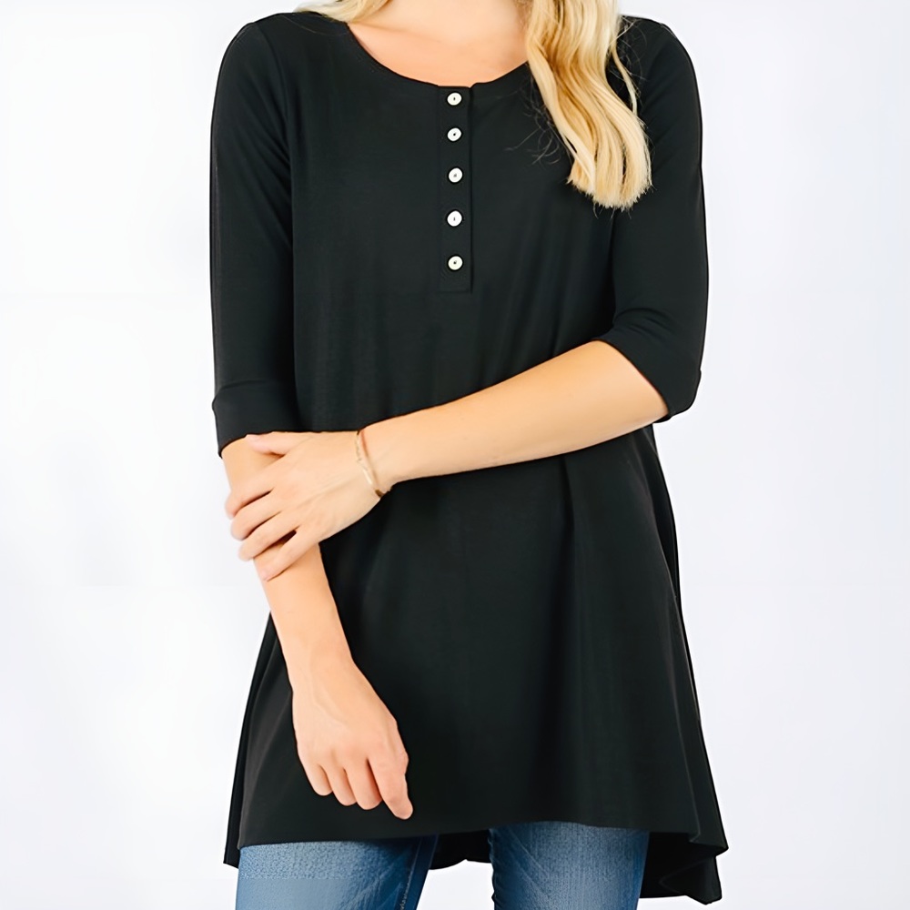 ZENANA Black Three-Quarter 3/4” Sleeve Straight Hem Henley Tunic Top Shirt